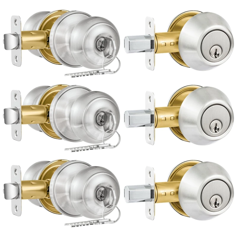 Plustool 3 Pack Entry Door Lock and Single Cylinder Deadbolt Combo Set, Keyed Alike Satin Nickel Exterior Door Knobs with Lock&Keys, Round Ball Door Locksets with Deadbolt for Entrance and Front Door