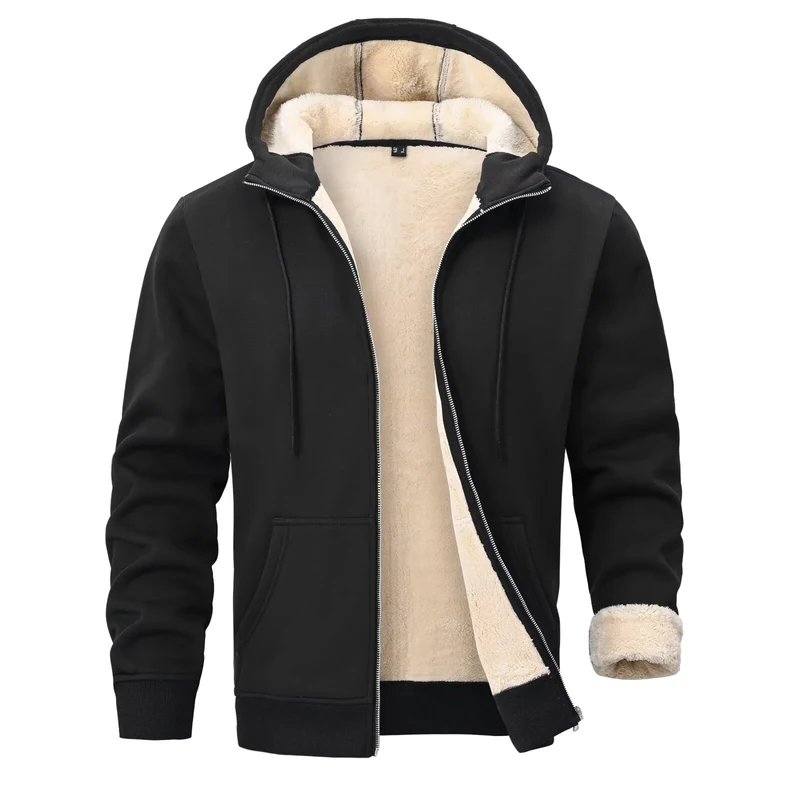 PrimeCrest Mens Hoodies Fleece Zip Up Sherpa Lined Jacket Sweatshirts Winter Hoodie Thermal Hoody Plain Sweatshirt Hooded Jackets Warm Thick Cotton Fluffy Gym Coats with Pockets Black 3XL