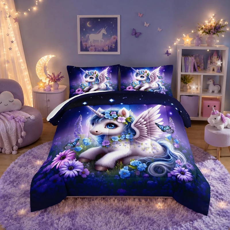 HOSIMA Unicorn Full Size Comforter Sets for Kids,Kawaii Unicorn Surrounded by Flowers Butterflies Print Animal Bedding,Lavender Pattern Princess Bedding for Teenage Girl Room Decor with 2 Pillowcases.
