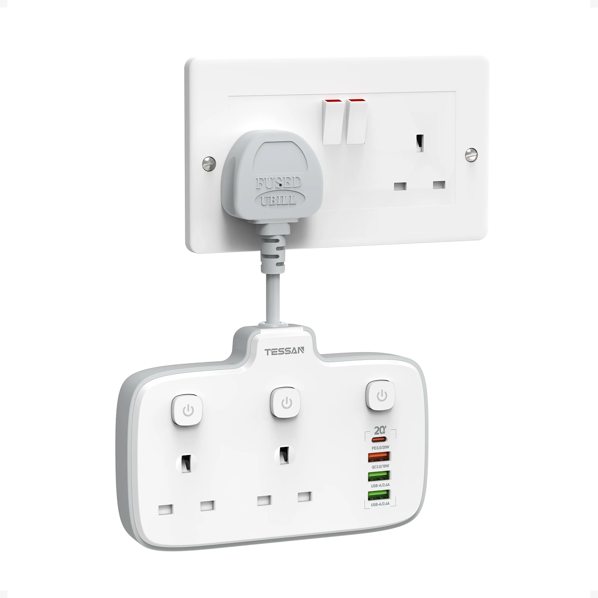TESSAN Double Plug Adapter UK with 20W PD USB C, Multi Plug Extension Socket with Short Extension Lead, 3250W Socket Extensions with Independent Switches for Living Room, Bedroom, Office, School