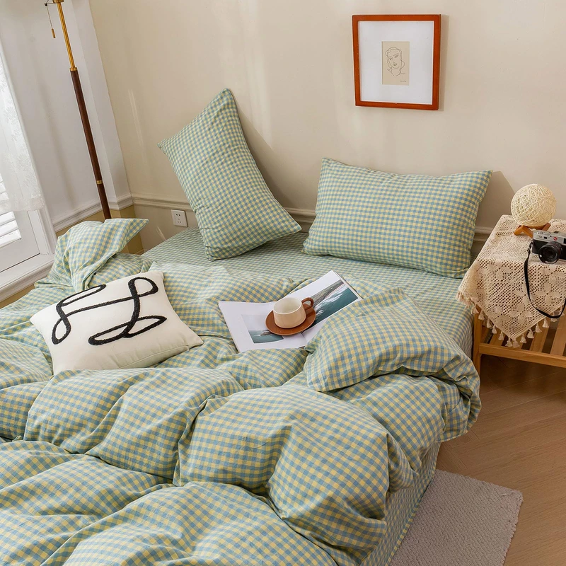 LifeTB Gingham Comforter Set Full Modern Style Blue Yellow Plaid Grid Bed Comforter 3 Pieces Soft Fluffy Checkered Pattern Comforter with 2 Pillowcases Farmhouse Gingham Bedding Set Breathable