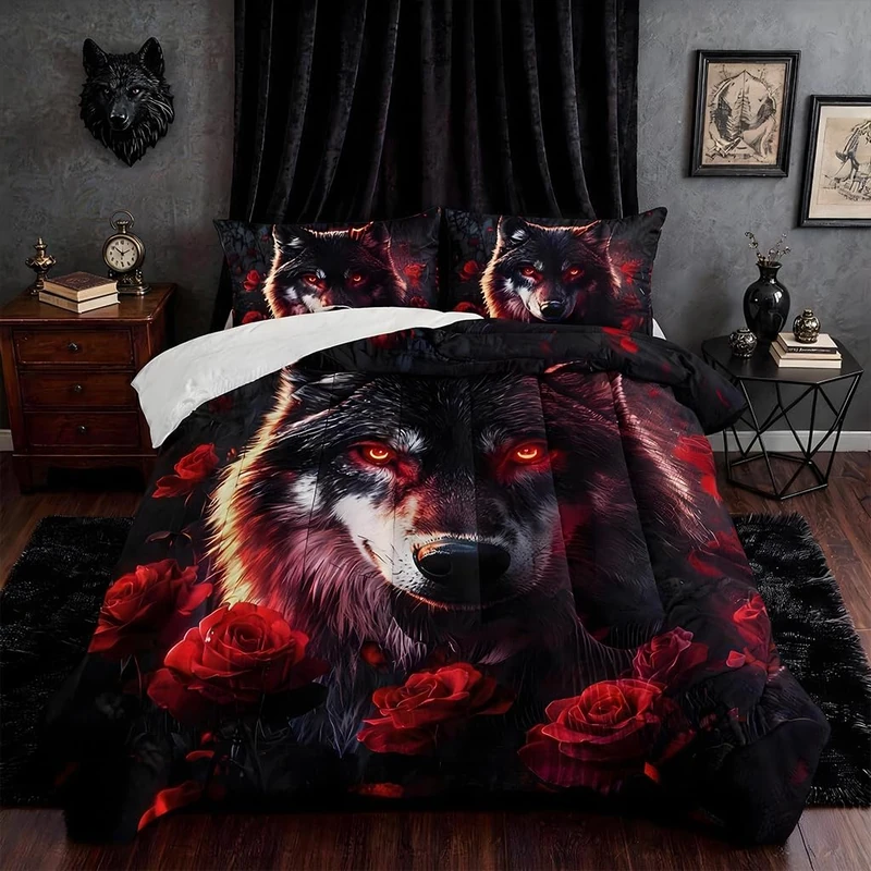 HOSIMA Wolf Full Comforter Sets,Wolf in Middle Surrounded by Red Roses Print Animal Bedding Set,Fluffy Black Lightweight Bedding for Teens Boys Room Decor with 2 Pillowcases.