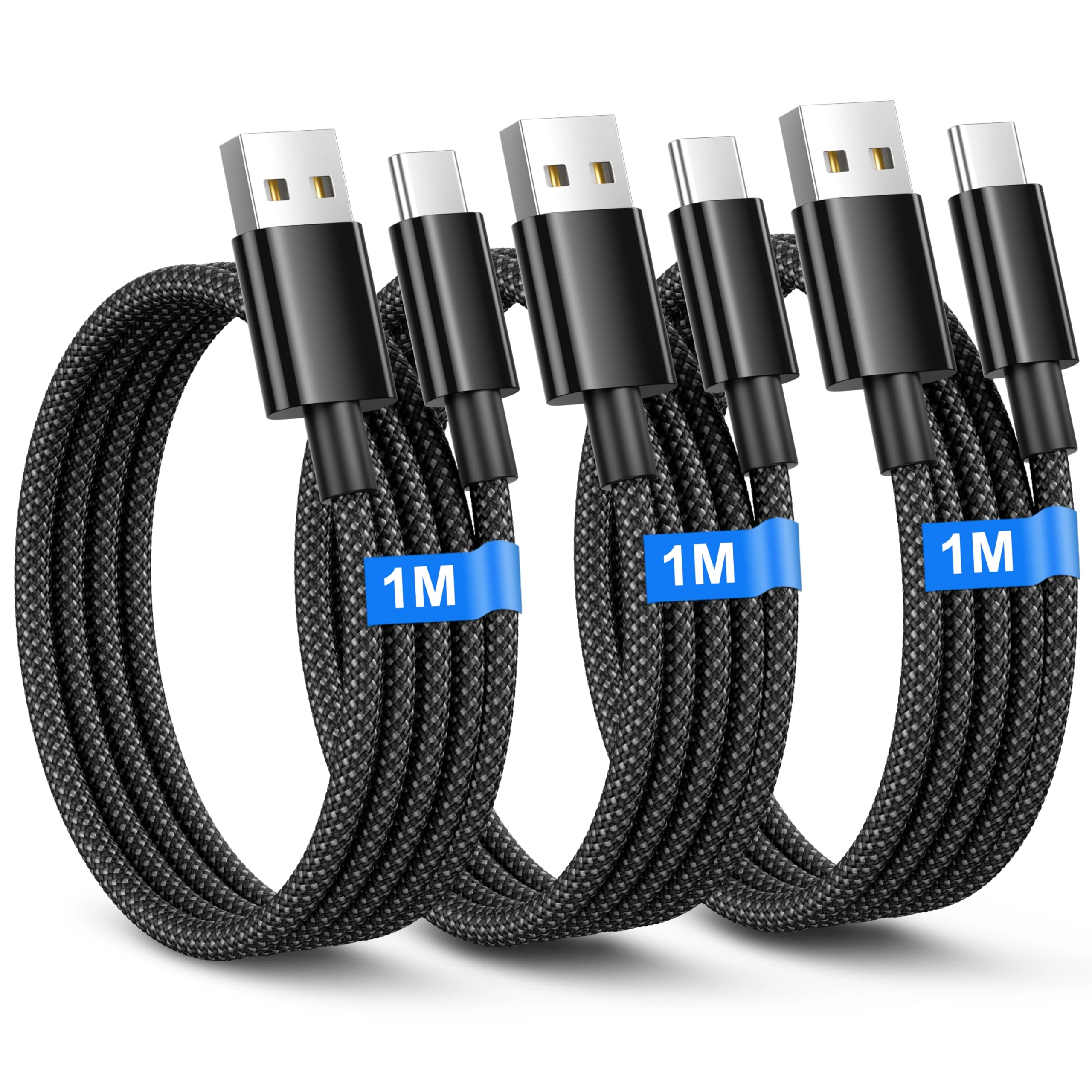 USB C Charger Cable 1M 3Pack, USB A to USB C Cable for Samsung Galaxy S25/S24/S23/S22/S21/A35/A34 A56/A55/A12/A20e/A40/A51/A70, Huawei P30,Google Pixel,Type C Charger Fast Charging Lead Nylon Braided