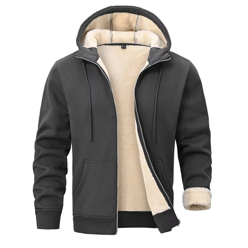 PrimeCrest Mens Hoodies Fleece Zip Up Sherpa Lined Jacket Sweatshirts Winter Hoodie Thermal Hoody Plain Sweatshirt Hooded Jackets Warm Thick Cotton Fluffy Gym Coats with Pockets Grey M