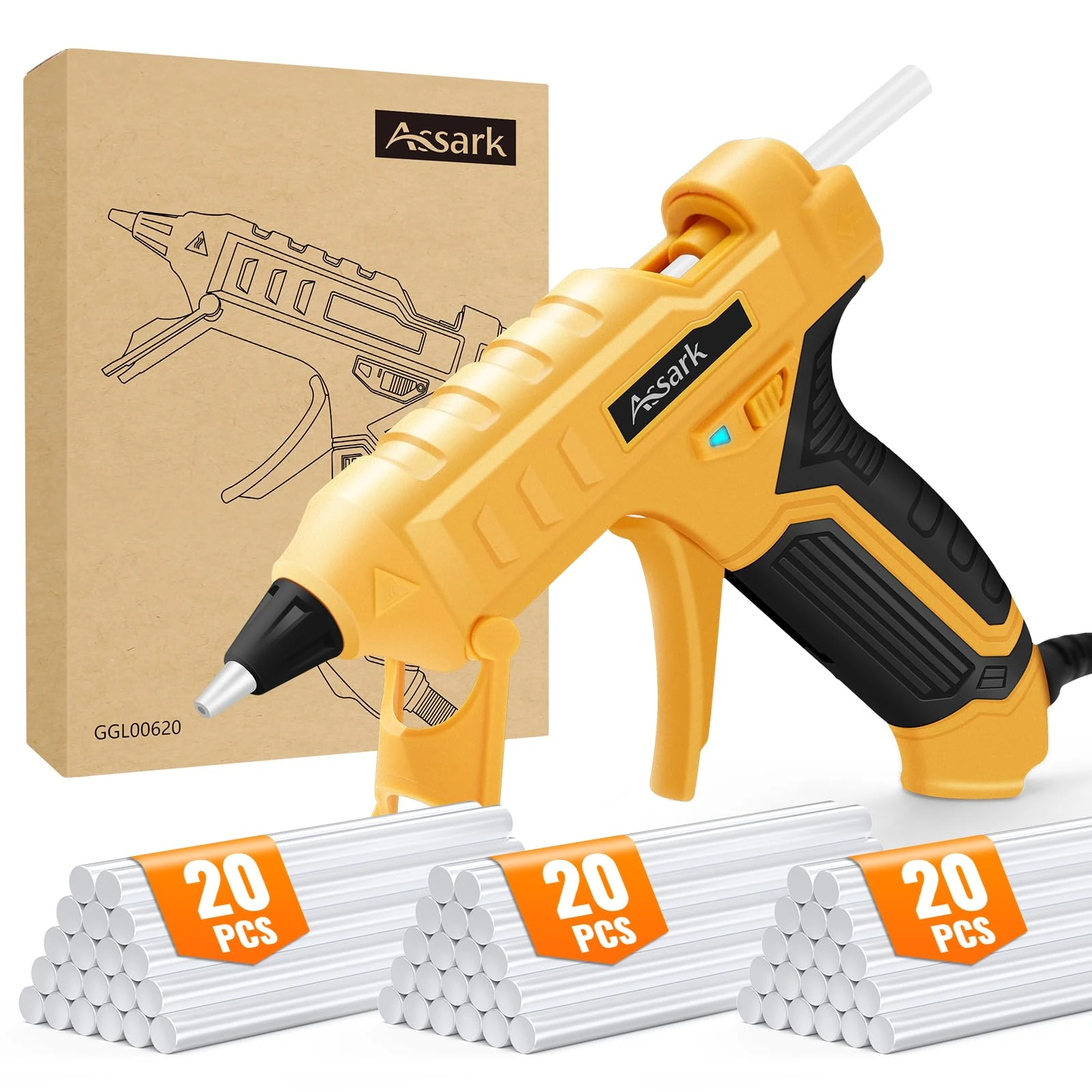 Assark Hot Glue Gun Kit, 50W Glue Gun with 60 Glue Sticks(7mm x 130mm), Fast Preheating Hot Melt for School Crafts, DIY Arts, Home Repairs and Glass
