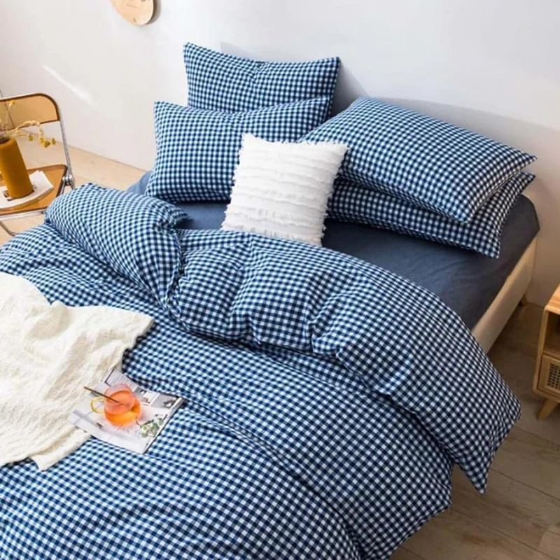 Gingham Comforter Set Full 3 Pieces Royal Blue Grid Plaid Comforter Set Soft Fluffy Checkered Pattern Comforter with 2 Pillowcases Farmhouse Gingham Bedding Comforter Full Size for All Season