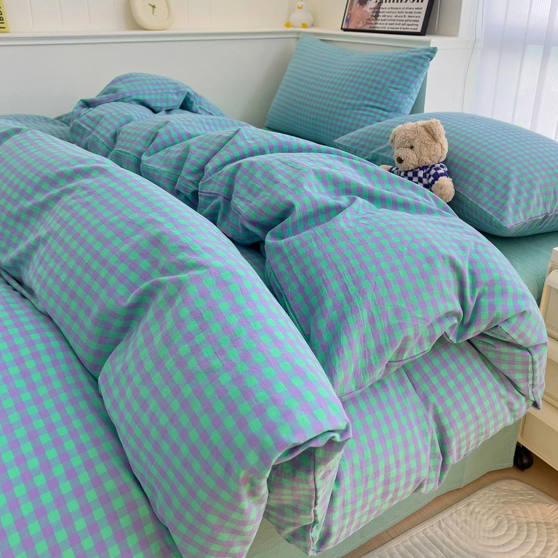 Twin XL Comforter Set Green Gingham Bedding Comforter with 2 Pillowcases Geometric Checkered Plaid Comforter Set for All Season Green Purple Grid Printed Fluffy Soft Lightweight Bedding Set