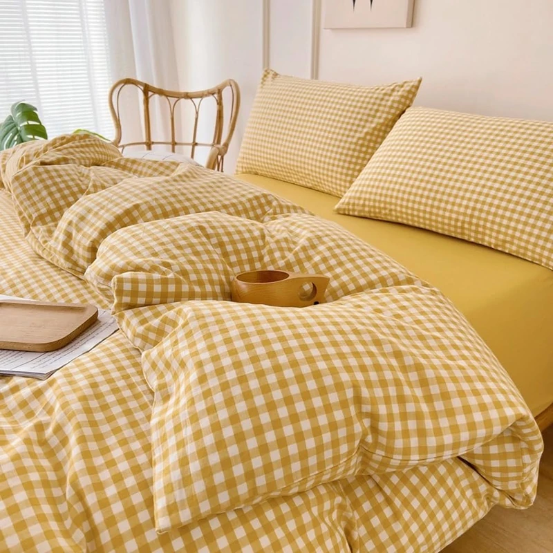 LifeTB Yellow Gingham Comforter King Comforter Set Geometric Checkered Plaid Bedding Comforter with 2 Pillowcases Fluffy Soft Lightweight Bedding Boho Grid Plaid Comforter Set King for All Seasons