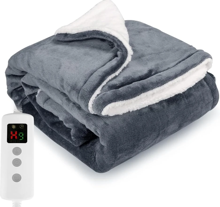 PROALLER Heated Blanket, Electric heated throw 180x130CM Grey, 10 Levels &1-9H Timer Auto-Off, Machine Washable, Soft Flannel Sherpa and Full Body Warming, Sofa Bed Office Use, warm blanket, electric