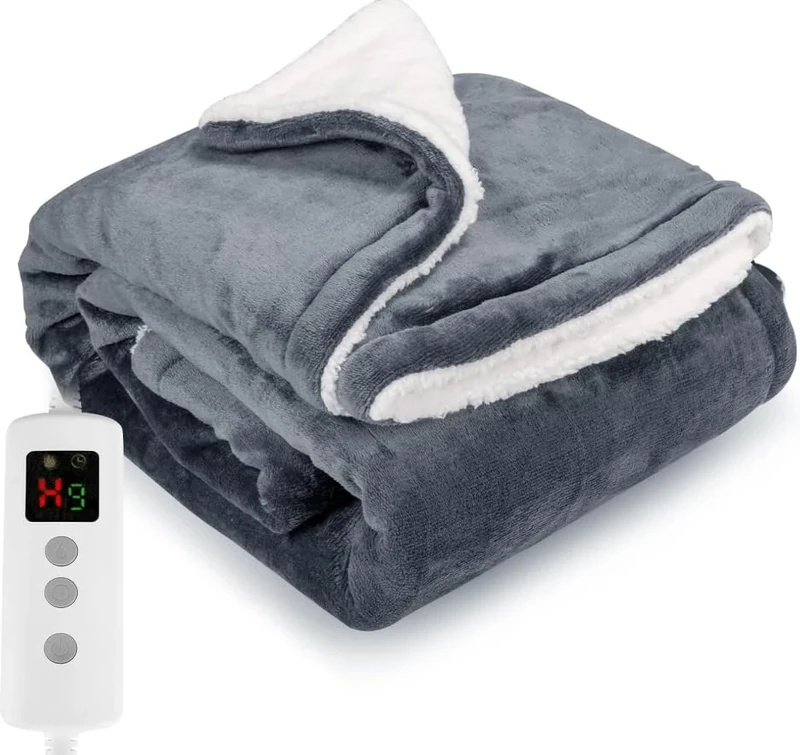 PROALLER Heated Blanket, Electric heated throw 200x150CM Grey, 10 Levels &1-9H Timer Auto-Off, Machine Washable, Soft Flannel Sherpa and Full Body Warming, Sofa Bed Office Use, warm blanket, electric