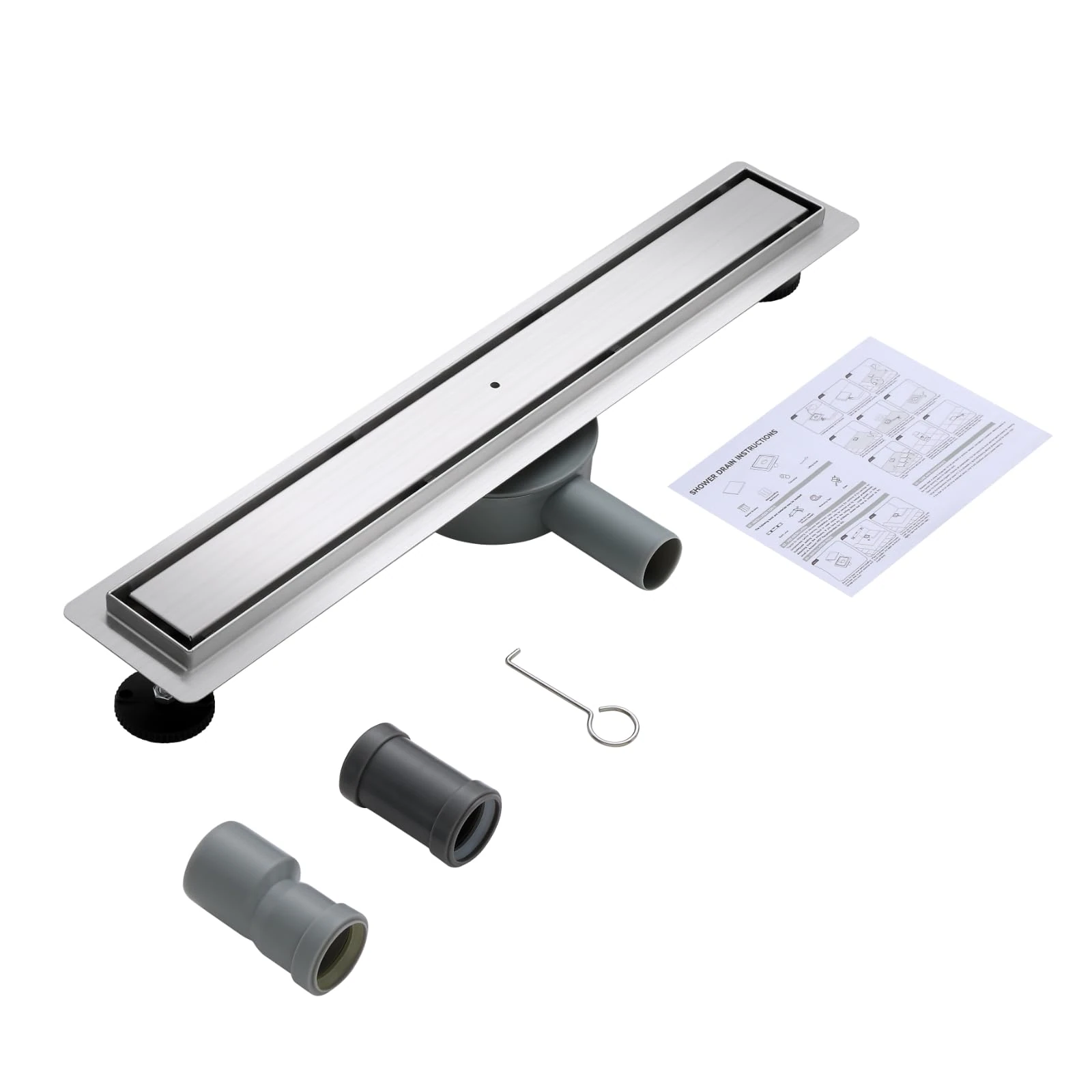 OUGOO Linear Shower Drain 60cm, 2-in-1 Tile Insert Floor Drain, 304 Stainless Steel Wet Room Channel with 360° Rotatable Siphon, Hair Strainer & Odour Trap, DN40/50 Adapters - Brushed Steel