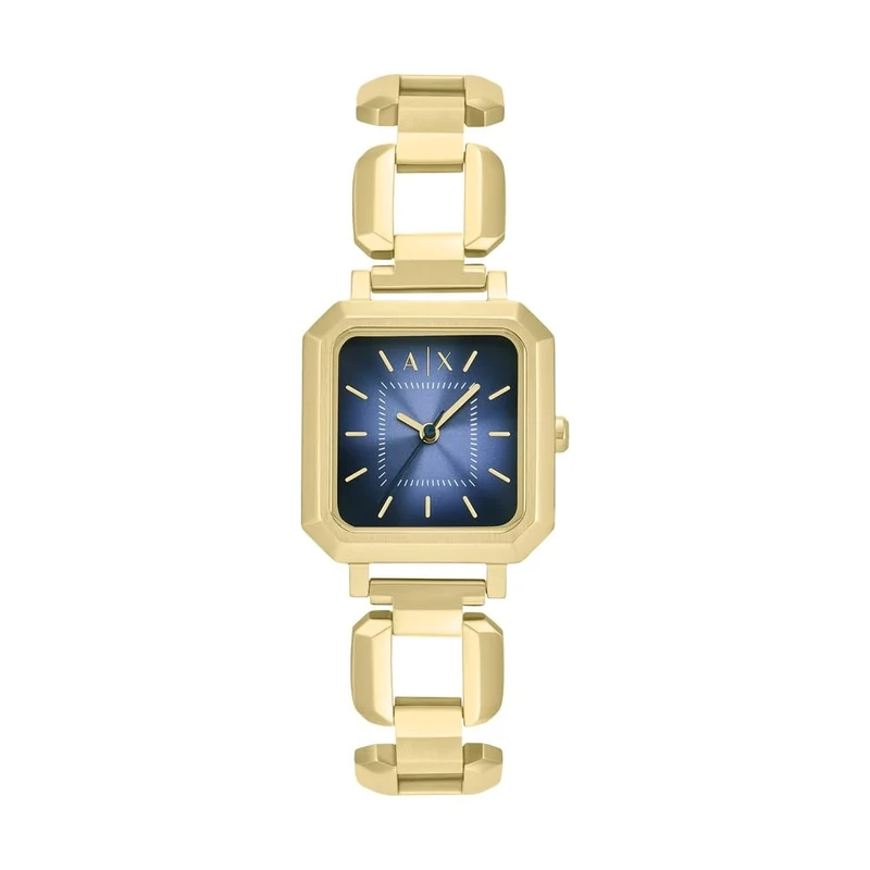 Armani Exchange Watch for Women, Quartz Three Hand Movement and 27 mm Case Size with Stainless Steel Strap, Gold Tone and Light Blue