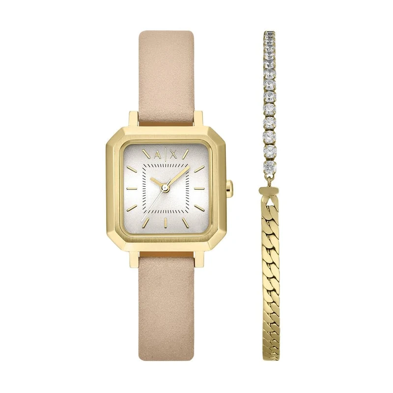 Armani Exchange Watch for Women, Quartz Three Hand Movement and 27 mm Case Size with Leather Strap, Brown Beige