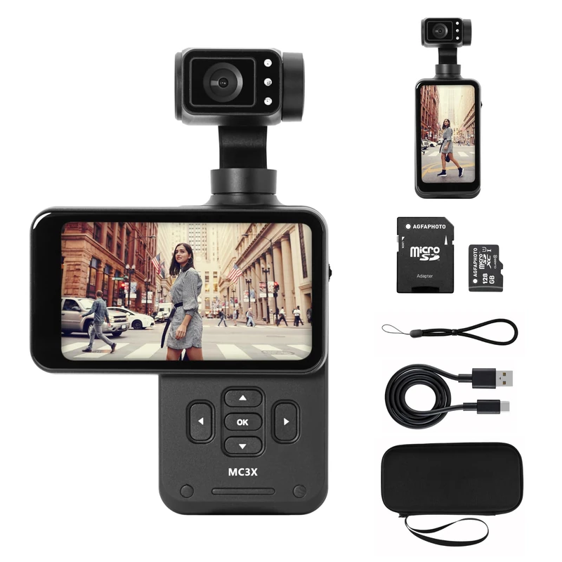 AgfaPhoto Gimbal Realimove MC3X + 32GB SD Memory Card - 3 Axis 4K Ultra HD Stabilizer Camera, 3.5" Rotary Touch Screen, 20MP Face Tracking, Night Vision, 120° Wide Angle, Wi-Fi, Black