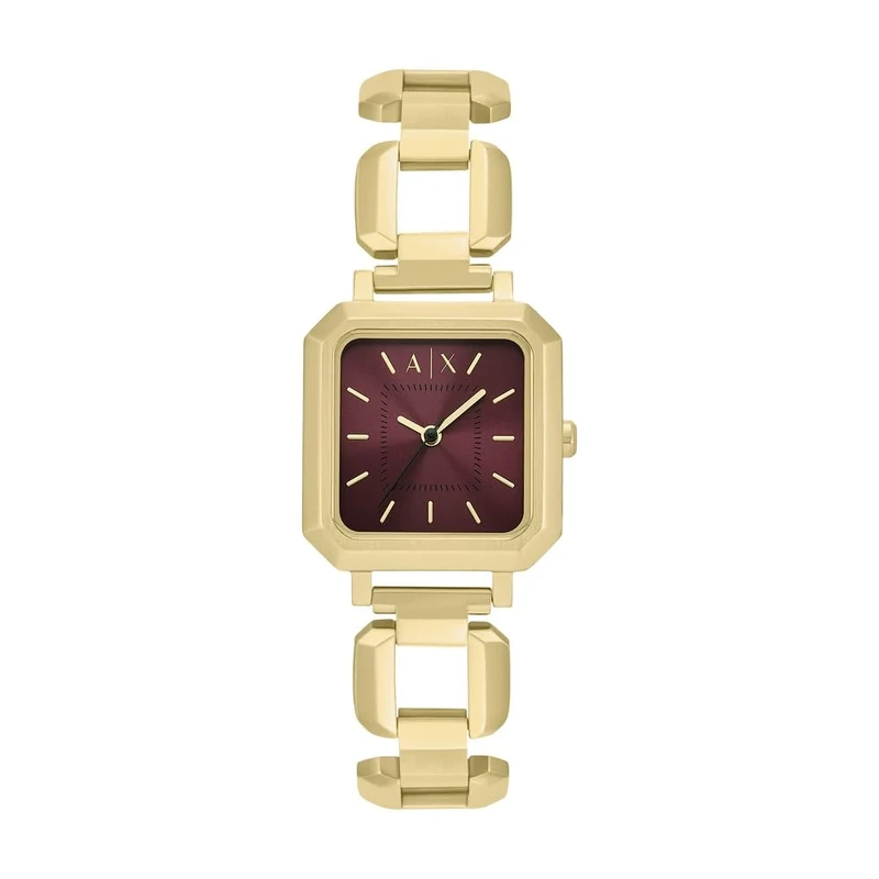 Armani Exchange Watch for Women, Quartz Three Hand Movement and 27 mm Case Size with Stainless Steel Strap, Gold Tone and red