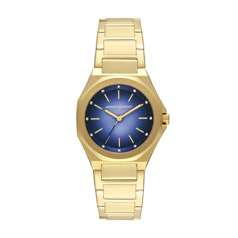 Armani Exchange Watch for Women, Quartz Three Hand Movement and 34 mm Case Size with Stainless Steel or Leather Strap, Gold Tone and Blue