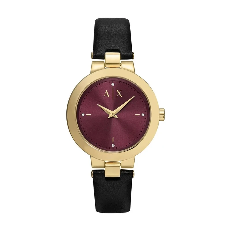 Armani Exchange Watch for Women, Quartz Two Hand Movement and 36mm Case Size with Stainless Steel or Leather Strap, Gold Tone and red