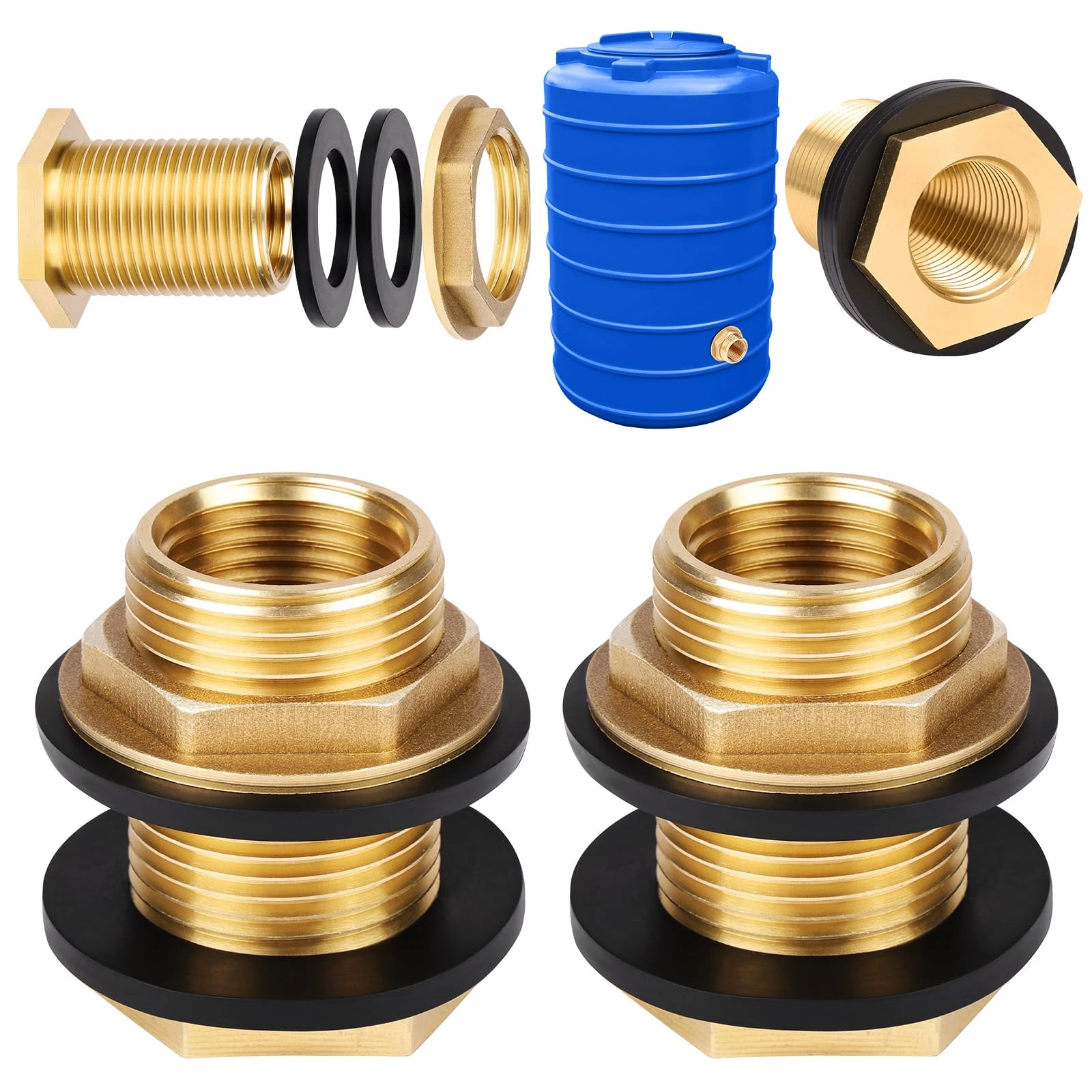 Flintronic 2PCS Brass Bulkhead Fitting, 1" to 3/4" Tube Adaptor Connector Hose Fitting with 4 Silicone Gaskets, Garden Hose Double Threaded Bulkhead for Water Tanks, Gold Tone, Rain Bucket