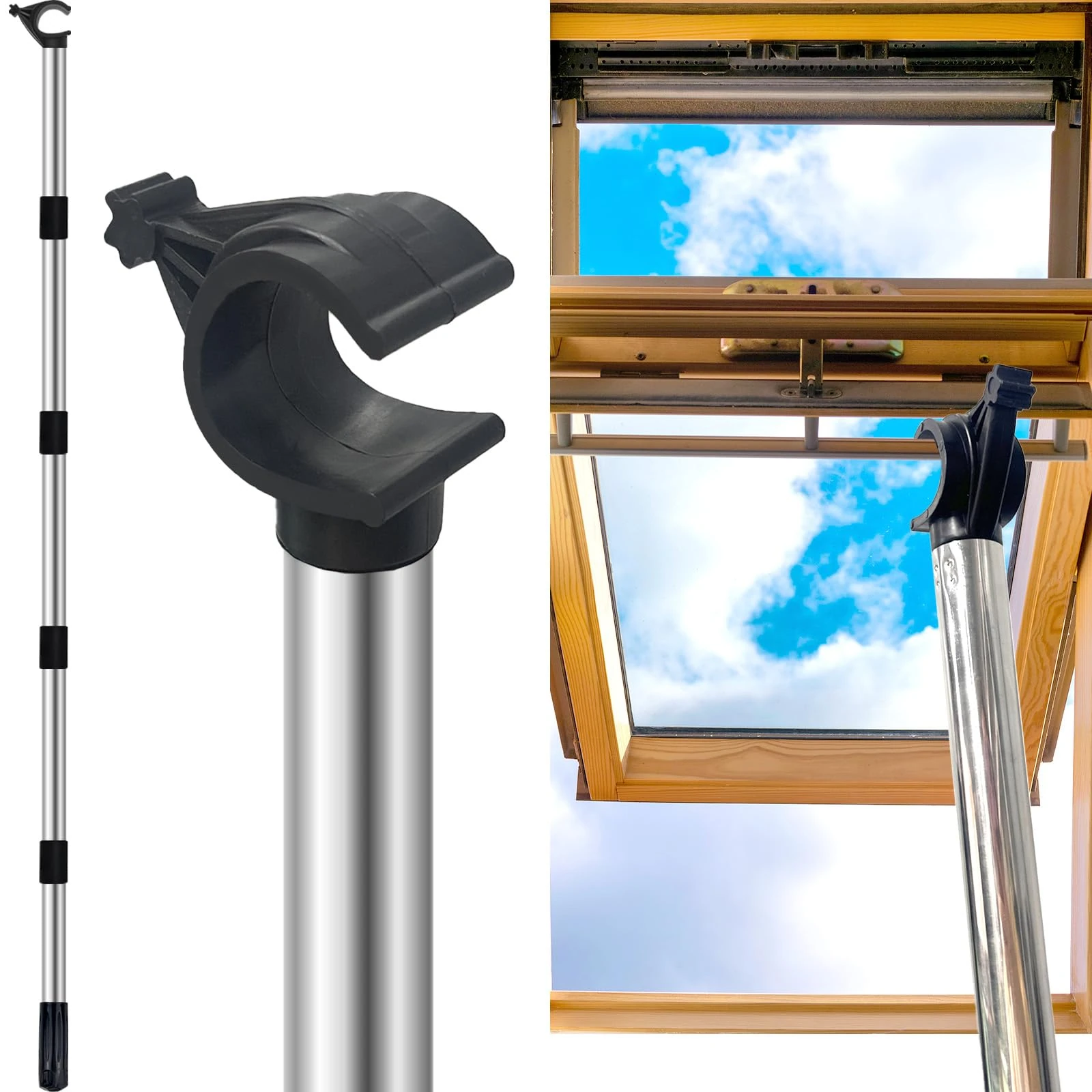 YL Window Pole Opener - Compatible with Vertical/Horizontal Sliding Windows, for Velux GGL & GGU Skylight Roof Windows, Stainless Steel Multi - Part Loft Hatch Pole with Hook (1.84m)