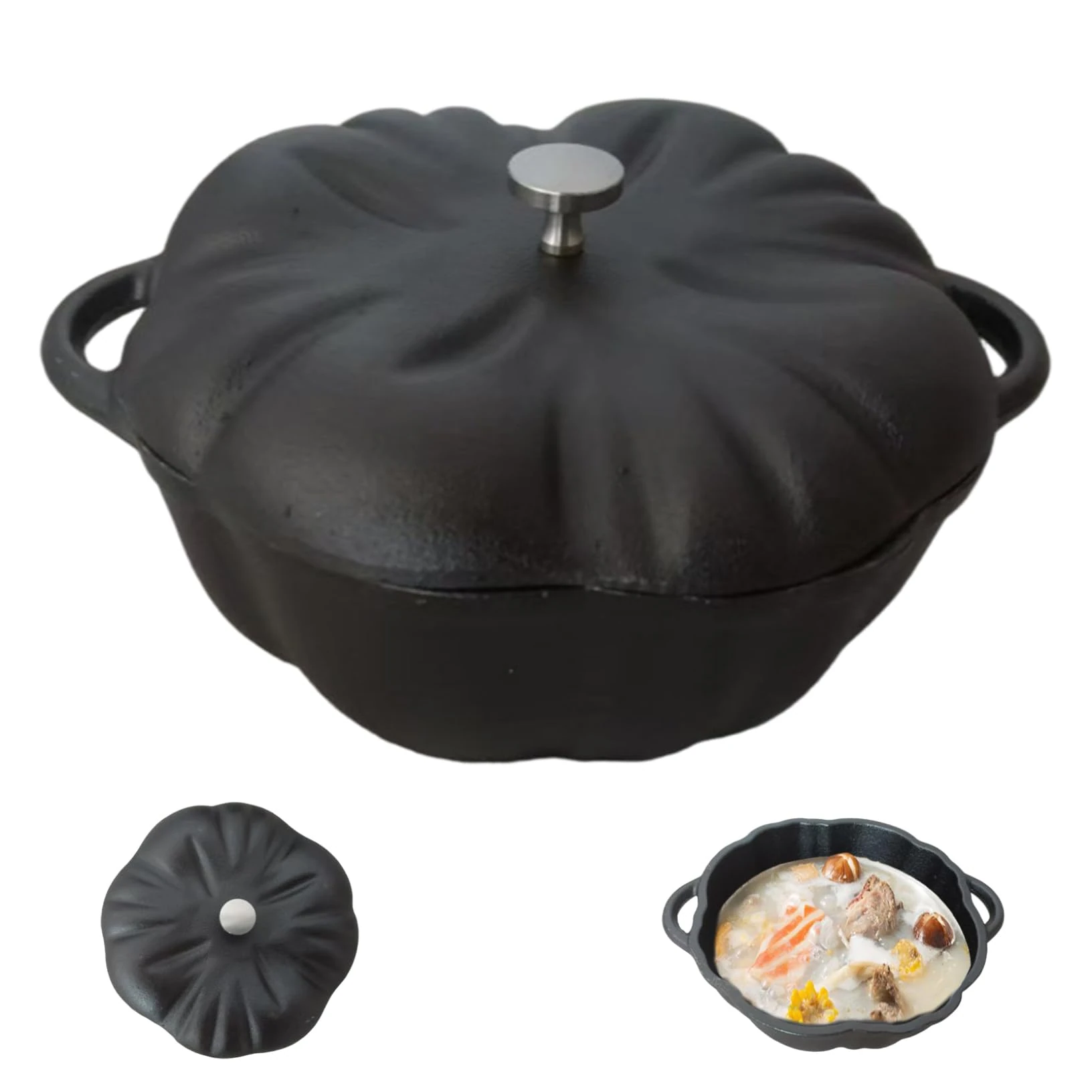 Pumpkin Dutch Oven, 6.3 Inch Dutch Ovens with Lid & Handles, Cast Iron Cauldron for Home