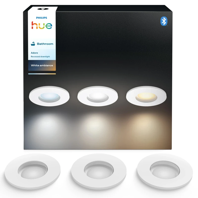 Philips Hue White Ambiance Adore recessed spotlights 3-Pack, dimmable Bathroom Lights for Hue Lighting System with Warm- to coolwhite Light, Intelligent Light Control via Voice and app, White