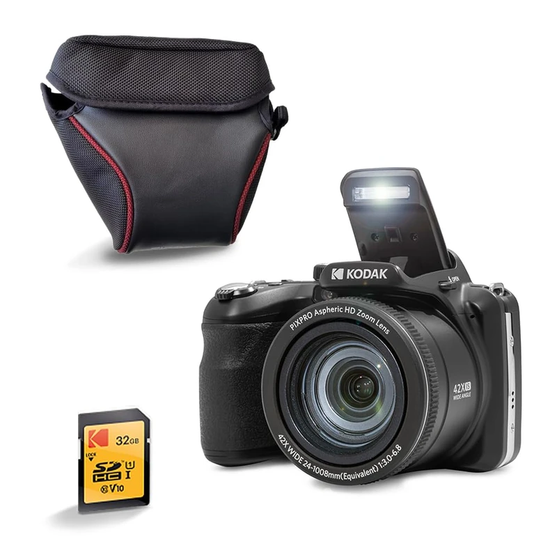 KODAK Pixpro AZ425 20MP Bridge Camera with 42x Optical Zoom + Protective Case + 32GB SD Card - Full HD 1080P Video, 24mm Wide Angle, Stabilizer, 3" LCD Screen - Black