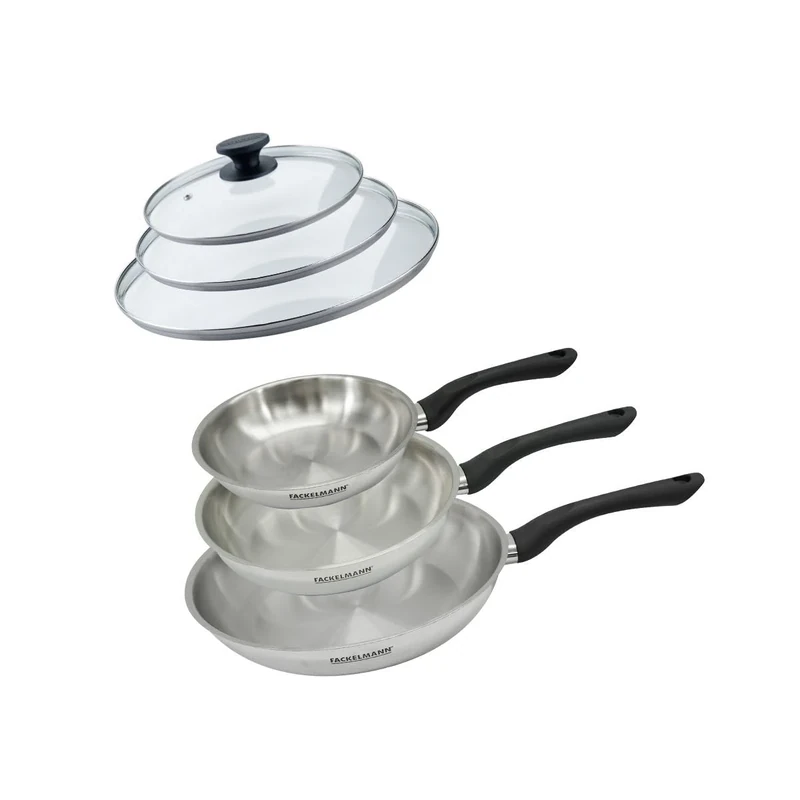 Fackelmann 9442150 Set of 3 Frying Pans 20, 24 and 28 cm Stainless Steel 18/8 and 3 Glass Lids, Cooking Pan, All-Hob Pan, Induction Frying Pan, PFAS Free Pan, 18/8 Stainless Steel, Glass, 20 24 and 28