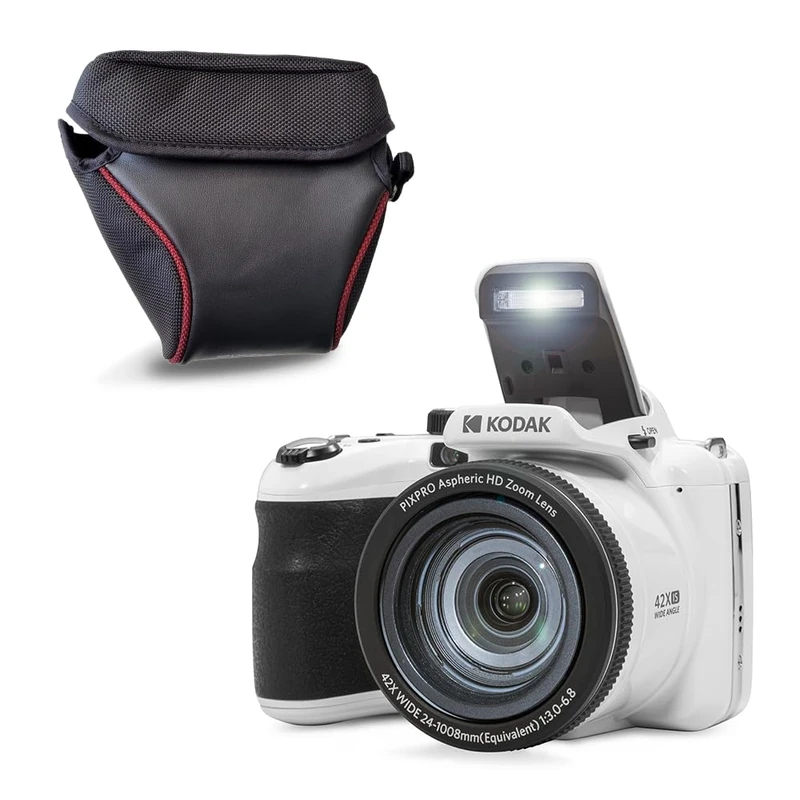 KODAK Pixpro AZ425 20MP Bridge Camera with 42x Optical Zoom + Protective Case - Full HD 1080P Video, 24mm Wide Angle, Stabilizer, 3" LCD Screen - White