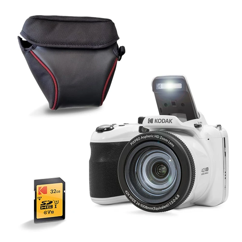 KODAK Pixpro AZ425 20MP Bridge Camera with 42x Optical Zoom + Protective Case + 32GB SD Card - Full HD 1080P Video, 24mm Wide Angle, Stabilizer, 3" LCD Screen - White