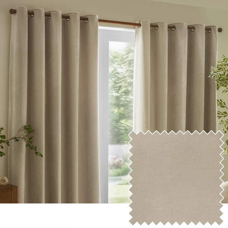furn. Yard Heavy Chenille Eyelet Curtain Pair – Lined Room Darkening Soft Velvet Curtains (Linen - Width 229 x Drop 137cm)