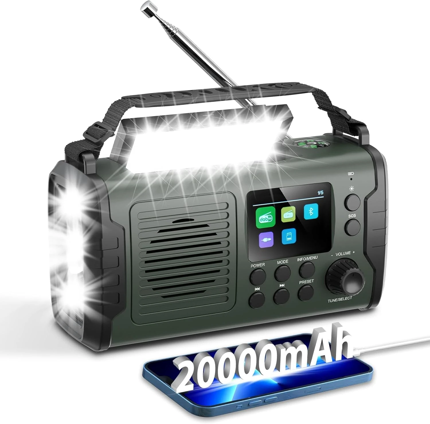 20000mAh Wind Up Radio with Bluetooth, DAB/FM Solar & Hand Crank Power Radio, Flashlight & Reading Light, USB Mobile Phone Charger, SOS Alarm, Portable Emergency Radio for Camping and Outdoor Use