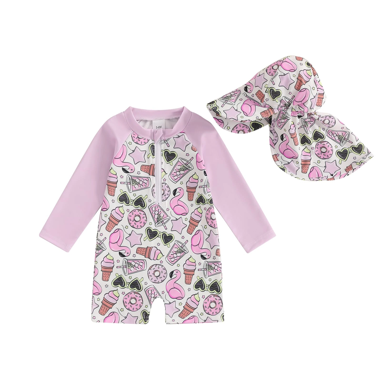 Toddler Baby Girl Swimsuit and Hat Zip Up Long Sleeve All in One Swimming Costume UV Sun Protection Swimwear One Piece Swimming Suit Rash Guard Sunsuit (Animal Flamingo Light Purple, 6-12 Months)