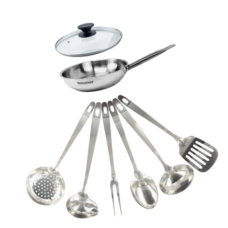 Fackelmann 9439950 Frying Pan Set 20 cm Stainless Steel 18/8 with Glass Lid and 6 Stainless Steel Utensils 20 cm