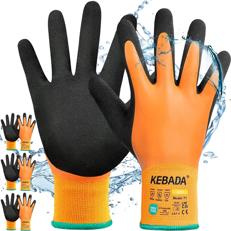 Kebada Winter Work Gloves for Men & Women, Waterproof Work Gloves, Supper Grip with Latex Coating, Thermal Insulated Warm Lined Safety Gloves for Freezer, Warehouse, Fishing, Gardening, 3 Pairs, 8/M