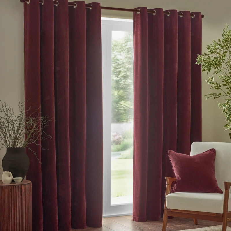 furn. Yard Heavy Chenille Eyelet Curtain Pair – Lined Room Darkening Soft Velvet Curtains (Beetroot - Width 117 x Drop 137cm)