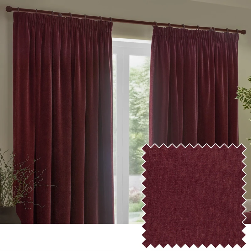 furn. Yard Heavy Chenille Pencil Pleat Curtain Pair – Lined Room Darkening Soft Velvet Curtains (Beetroot - Width 168 x Drop 229cm)