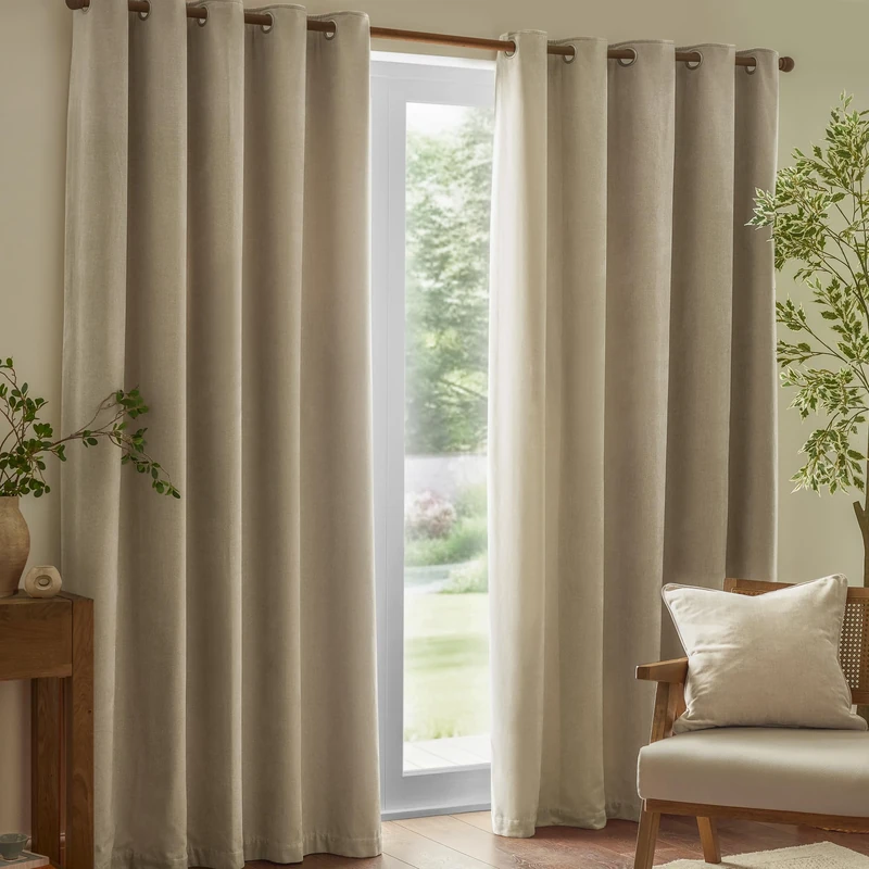 furn. Yard Heavy Chenille Eyelet Curtain Pair – Lined Room Darkening Soft Velvet Curtains (Linen - Width 117 x Drop 183cm)