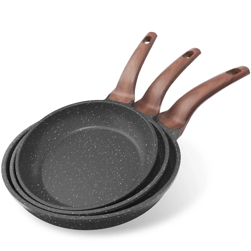 YASHE Nonstick Frying Pan Set, 3 Piece Granite Skillet Set, Induction Pans for Cooking Omelette, Healthy Kitchen Stone Cookware with 20 cm, 24 cm, and 28 cm Pans, Black