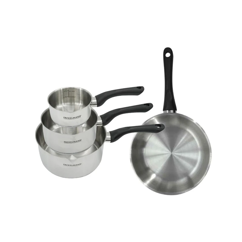 Fackelmann 9443550 Frying Pan Set 24 cm and 3 Saucepans 12 16 and 20 cm Stainless Steel 18/8, All Hobs, Induction Frying Pan, PFAS Free Pan, All Heat Source, 18/8 Stainless Steel, 12, 16, 20 and 24 cm