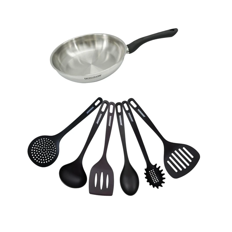 Fackelmann 9440950 Pan Set 24 cm Stainless Steel 18/8 with 6 RPET Utensils Induction PFAS Free 18/8 Stainless Steel RPET 24 cm