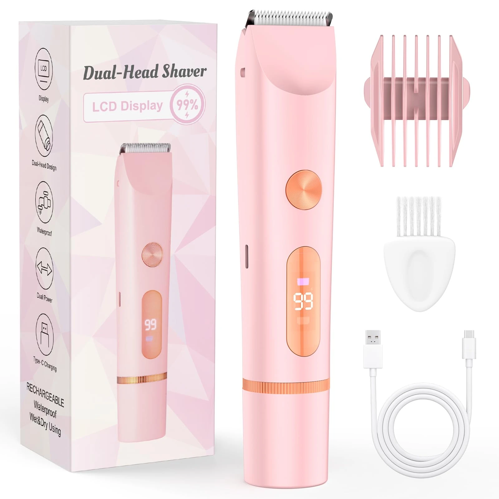 Bikini Trimmer Women Lady Shavers Electric Razor Facial Hair Removal Body Hair Trimmer for Face Legs Underarm Pubic Hair (Pink)