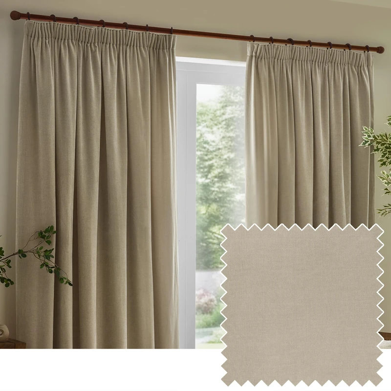 furn. Yard Heavy Chenille Pencil Pleat Curtain Pair – Lined Room Darkening Soft Velvet Curtains (Linen - Width 168 x Drop 183cm)