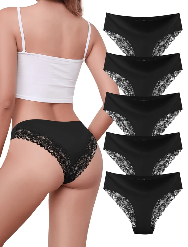 Voenxe Lace Knickers for Women,Ladies Underwear Multipack,Female Stretch Laser Cut Bikini Brief,Comfortable Panties Hipster,Mid Rise Soft Pants Undies,Woman Comfy Lacy Side Gym Underpants,5-Pack