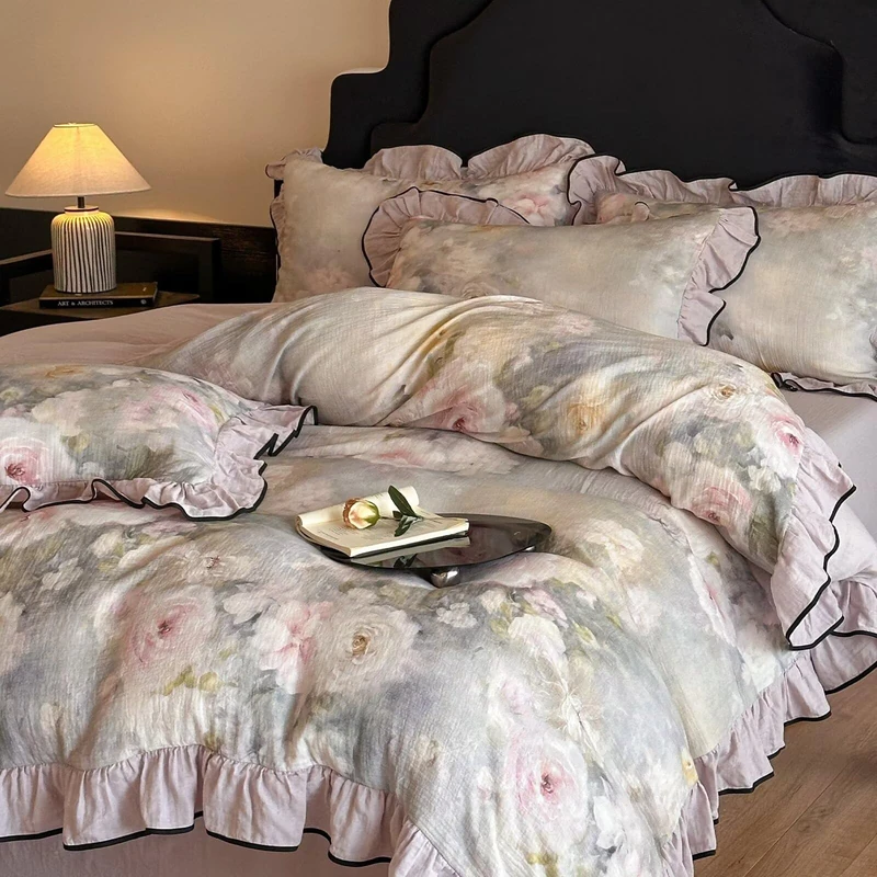 mixinni Vintage Princess Style Duvet Cover Set Twin XL Size - 100% Cotton Crinkle Gauze Floral Bedding Set with Ruffled Lace, Romantic Cottagecore Aesthetic, Soft & Breathable Comforter Cover