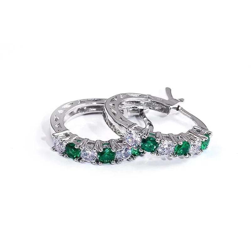 Green/Blue/Purple/Pink CZ Hoop Earrings for Women Silver Color, #, Brass, Cubic Zirconia