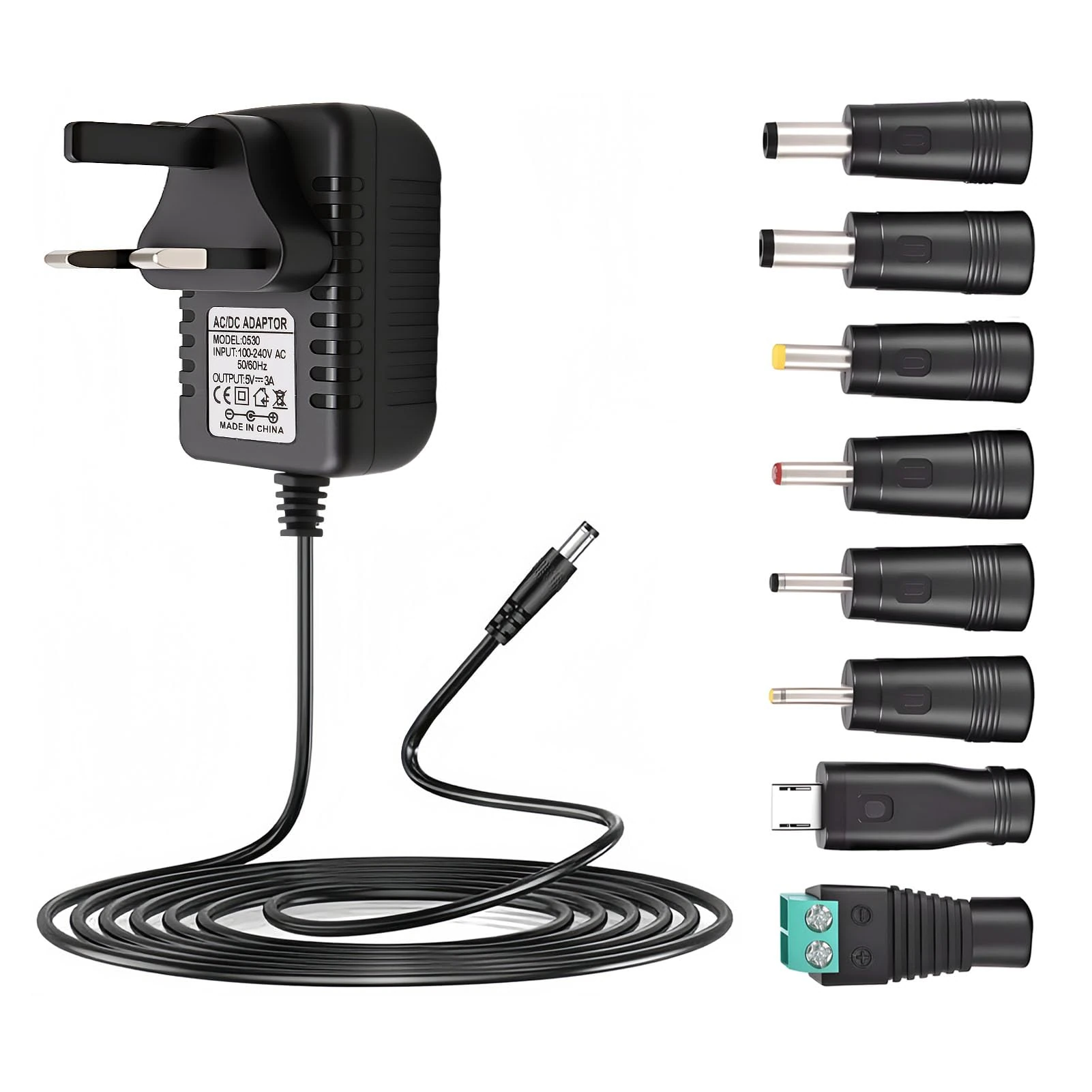 5V 3A Power Supply Adapter 110-240V 50-60Hz AC to 5V DC with 8 Tips for Baby Monitor Record Player LED Strip Light Massage Gun CCTV Cameras TV Box Router Bluetooth Speakers ADSL Cats