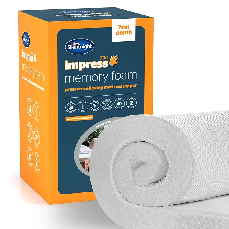 Silentnight Impress Memory Foam Mattress Topper - 7cm Deep Luxury Orthopaedic Pressure Relief Hypoallergenic Bed Topper for Back & Neck Pain - Elasticated Straps & Machine Washable Cover, Single