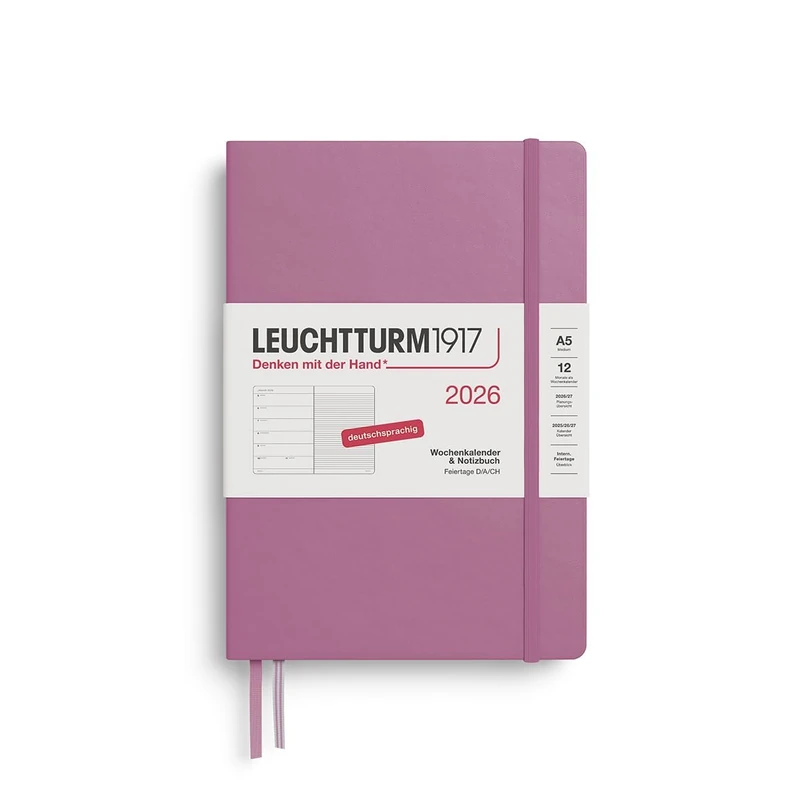 LEUCHTTURM1917 372471 Weekly Calendar & Notebook Medium (A5) 2026, 12 Months, Dusty Rose, German