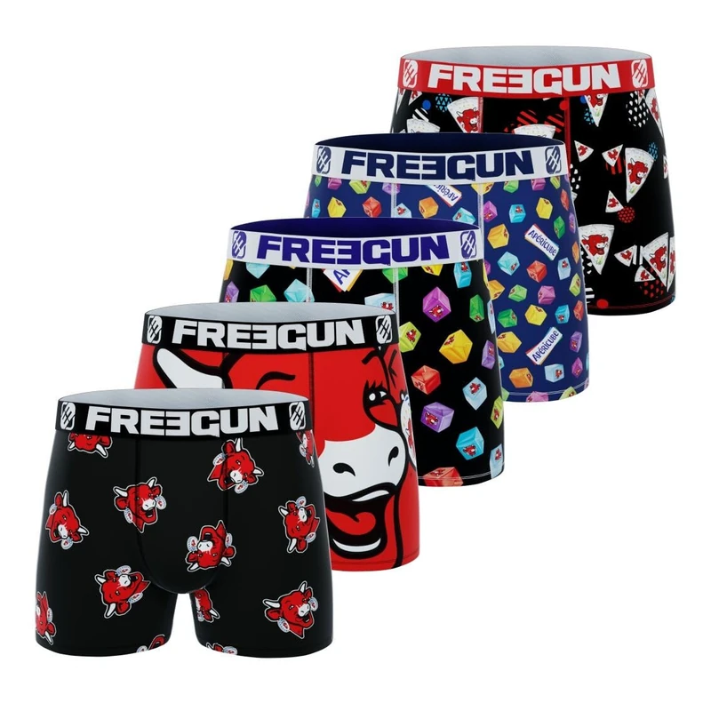 FREEGUN Men's Boxer Shorts The Laughing Cow - Stretch, Comfortable and Ultra-Soft (Pack of 5), Red/Blue/White/Black, XXL