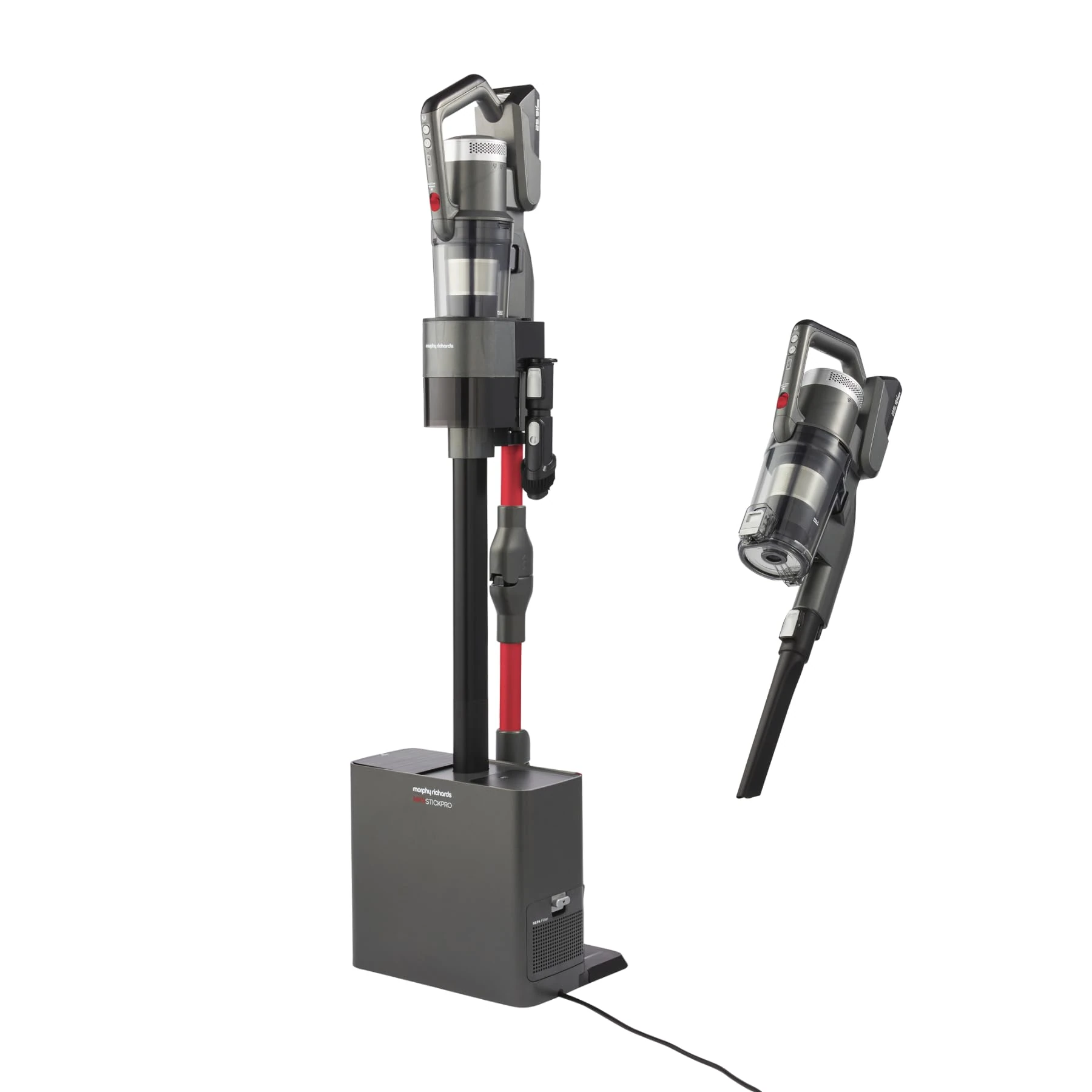 Morphy Richards MRXSTICKPRO Intelliclean Cordless Vacuum Cleaner, 3L Self Empty Station, Flexible, Lightweight, Anti Hair Wrap, HEPA Filter, Multi-Filtration Cyclone, Pet Multi Surface Tools, Grey/Red